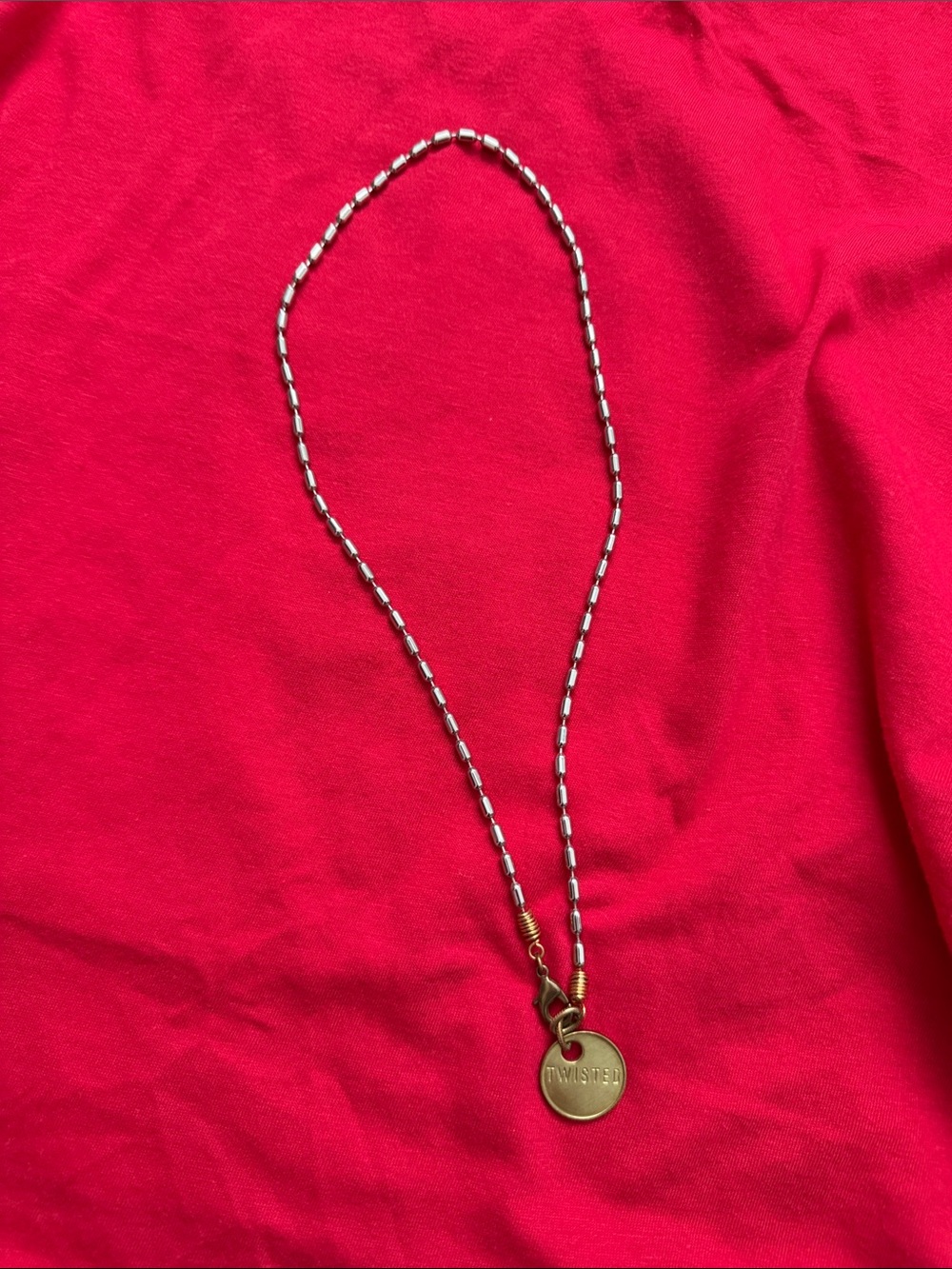 Twisted Silver and Gold Bead Necklace with Gold Logo Disc